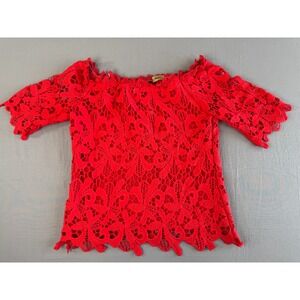La Reyna Top Womens Medium Red Lace Lined Off Shoulder Short Sleeve Party Blouse